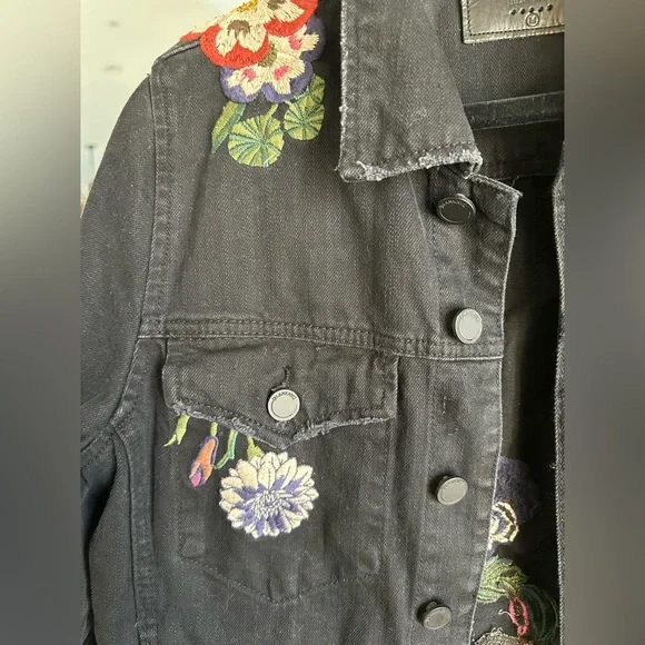 Unique Botanical Floral & Hummingbird Embroidered Black Denim Jacket M - Picture 10 of 16
